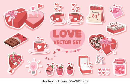 Valentine sticker set. Valentine day clipart set with ring, chocolate box, love letter, tea cup, rose, heart, hear jar, gift, cupcake. Love flat vector in cartoon style isolated.