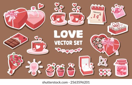 Valentine sticker set. Valentine day clipart set with ring, chocolate box, love letter, tea cup, rose, heart, hear jar, gift, cupcake. Love flat vector in cartoon style isolated.