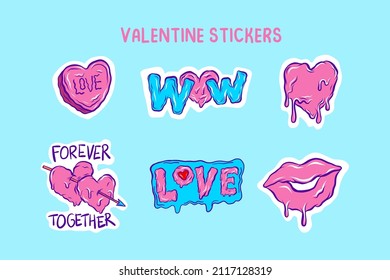 Valentine stickers design. Hype valentine sticker. Melted heart, grime heart. Heart sticker design vector