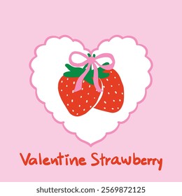 Valentine strawberry heart illustration with pink bow, a cheerful romantic design featuring hand-drawn berries and festive retro pastel theme, ideal for creative holiday gift decor