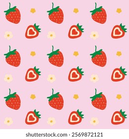 Valentine strawberry seamless pattern featuring cute red heart-shaped slices, yellow flowers, and berries on a pink background, ideal for fabric, gift wrap, and textile design