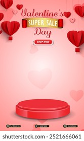 valentine super sale discount portait template banner with blank space 3d podium for social media post product sale with abstract gradient pink background design 23