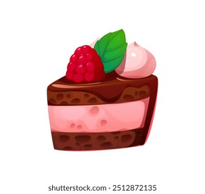 Valentine sweet cake and confectionery. Cartoon vector delectable slice of chocolate pie with pink fruity filling, topped with a fresh raspberry and a mint leaf. Dessert food, sweets, bakery treat