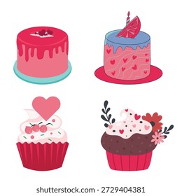 Valentinstag-Süßkuchen-Set. Vektorrosa Desserts und Cupcakes für romantisches Urlaubsfood-Design einzeln auf Weiß