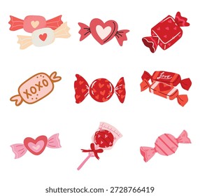 Valentine sweet candy collection. Vector pink wrapped lollipops and chocolate bonbons for romantic holiday treat design