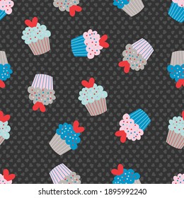 Valentine Sweet Cupcakes Vector Seamless Pattern