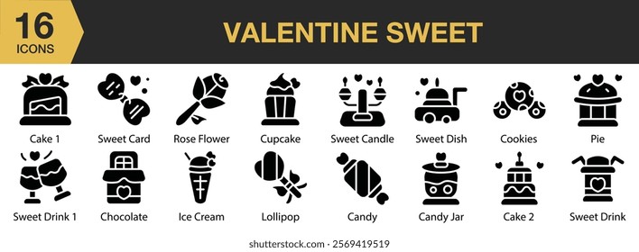 Valentine Sweet solid icon set. Includes valentine, love, heart, sweet, romantic, holiday, and More. Solid icons vector collection.