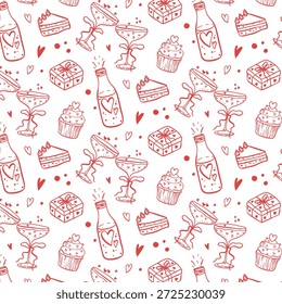 Patrón sin fisuras de dulces y bebidas de San Valentín. Postres de Vector dibujados a mano. Regalo, magdalena, botella, corazones, pastel. Fondo de San Valentín