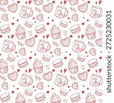 Valentine Sweets Seamless Pattern. Hand Drawn Vector Desserts. Macaroon, Cupcake, Cup, Hearts, Cookie. Valentines Background