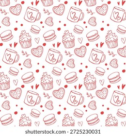 Patrón sin fisuras de dulces de San Valentín. Postres de Vector dibujados a mano. Macarrón, magdalena, taza, corazones, galleta. Fondo de San Valentín