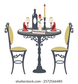 Valentine table.  Romantic dinner. Vintage table and chairs with elegant luxury  tableware. Restaurant table in romantic setting. Table for two with bottle of wine, glasses, rose, cutlery. Vector