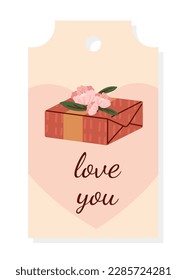 Valentine tag with box. Gift or surprise with pink flowers and inscription love you. Care and support, romantic relationships. Greeting or invitation card. Cartoon flat vector illustration
