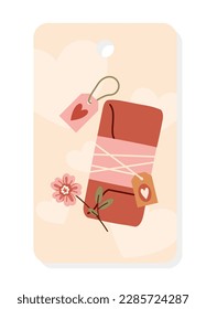 Valentine tag with box. Happy Valentines Day concept and wedding anniversary. Love and romantic relationships. Traditional international holiday. Cartoon flat vector illustration
