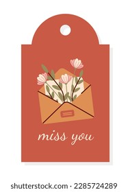 Valentine tag with envelope. Love message and letter with beautiful flowers, bouquet. Romantic relationship. Valentines Day and wedding anniversary. Cartoon flat vector illustration