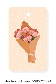Valentine tag with flowers. Bouquet of roses, beautiful flowers. Gift, present and surprise. Love and relationships. Poster or banner for website. Cartoon flat vector illustration
