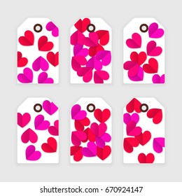 Valentine tag with paper hearts, red and pink design on white tile