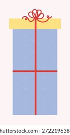 Ilustración vectorial alta de la caja de regalo de San Valentín con el papel de embalaje azul, la cinta roja y la tapa amarilla. Lindo diseño dibujado a mano para el embalaje, pegatinas y tarjetas de felicitación.