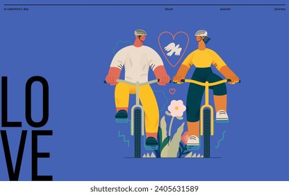 Valentine: Tandem Journey - modern flat vector concept illustration of a couple riding the bicycles together. Metaphor for the synchronized journey of a relationship