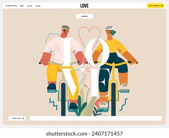 Valentine: Tandem Journey - modern flat vector concept illustration of a couple riding the bicycles together. Metaphor for the synchronized journey of a relationship