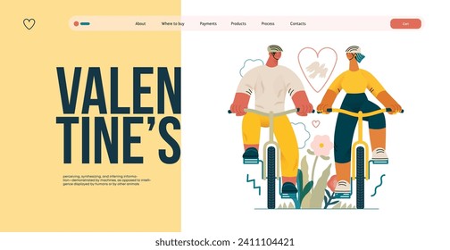 Valentine: Tandem Journey - moderna ilustración de un vector plano de una pareja montando las bicicletas juntas. Metáfora del viaje sincronizado de una relación