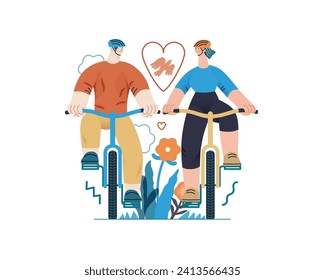 Valentine: Tandem Journey - moderna ilustración de un vector plano de una pareja montando las bicicletas juntas. Metáfora del viaje sincronizado de una relación