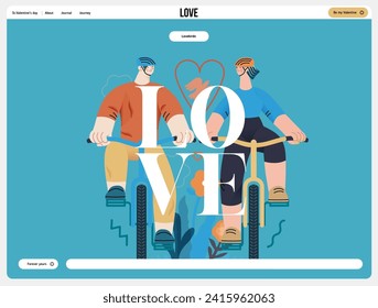 Valentine: Tandem Journey - modern flat vector concept illustration of a couple riding the bicycles together. Metaphor for the synchronized journey of a relationship