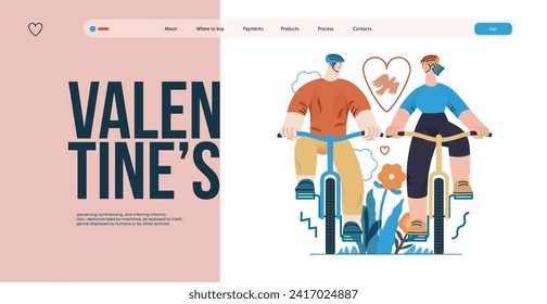 Valentine: Tandem Journey - modern flat vector concept illustration of a couple riding the bicycles together. Metaphor for the synchronized journey of a relationship