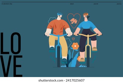 Valentine: Tandem Journey - modern flat vector concept illustration of a couple riding the bicycles together. Metaphor for the synchronized journey of a relationship