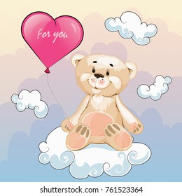 valentine, teddy bear with a balloon in the shape of a heart in the sky around the cloud