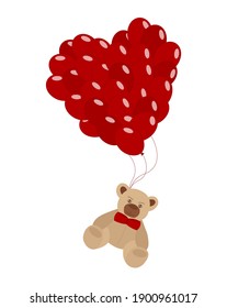 Valentine teddy bear flying on balloons. Vector illustration on white background