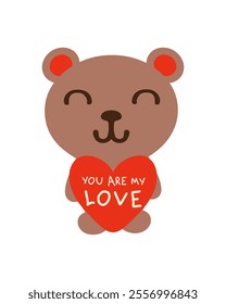 Valentine teddy bear with heart and text You are my Love. Great design for any purpose. Hand drawn isolated vector illustration.