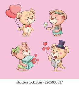 Valentine teddy bear love cute couple characters hand drawn cartoon illustration collection
