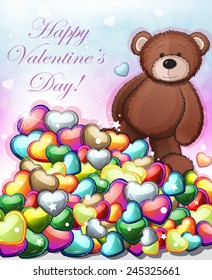 Valentine teddy bear on a pile of hearts. Valentine card