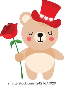 Valentine teddy bear with red hat holding a red rose