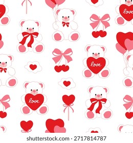 Oso de peluche de San Valentín sin patrón con corazones, globos, lazos y lindos Elementos de amor. Impresión repetitiva romántica para envolver papel, tela, fondos, Fondos de pantalla