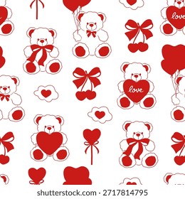Valentine ursinho de pelúcia padrão sem costura com corações, balões, arcos e elementos amorosos bonitos. Romântica repetição de impressão para papel de embrulho, tecido, fundos, papéis de parede