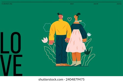 Valentine: Tender Moments -modern flat vector concept illustration of a couple in loving gaze, looking to each other holding hands. Metaphor of blossoming love, unity, affection, connection, growth