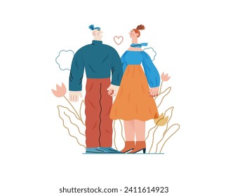 Valentine: Tender Moments -modern flat vector concept illustration of a couple in loving gaze, looking to each other holding hands. Metaphor of blossoming love, unity, affection, connection, growth