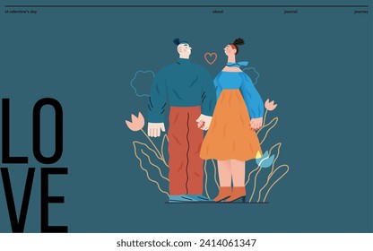 Valentine: Tender Moments -modern flat vector concept illustration of a couple in loving gaze, looking to each other holding hands. Metaphor of blossoming love, unity, affection, connection, growth