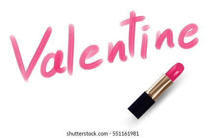 Valentine text writed by Lipstick pink color isolated on white background, with copy space