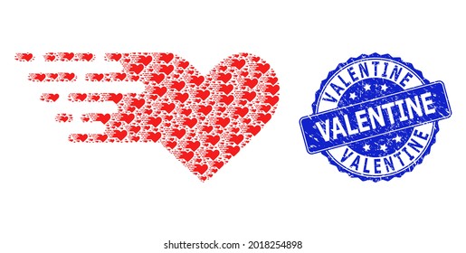 Valentine textured round stamp and vector fractal mosaic valentine heart. Blue stamp contains Valentine title inside round shape. Vector mosaic is constructed with scattered valentine heart icons.