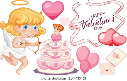 Valentine theme with cupid and big cake illustration