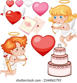Valentine theme with cupids and big cake illustration