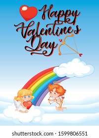 Valentine theme with cupids flying in the rainbow sky illustration