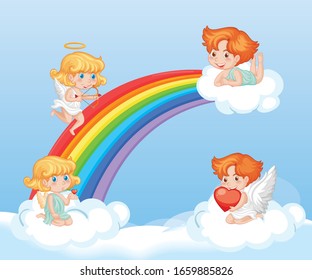 Valentine theme with cute cupids in the sky illustration