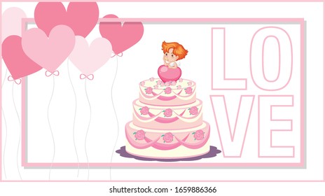 Valentinthema mit rosafarbenem Kuchen und Ballons zur Illustration
