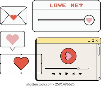 Valentine themed design in a retro computer Windows style. Cute pixel hearts, pop up love messages, pastel colors create a nostalgic yet modern aesthetic. Perfect for greeting cards and digital design