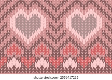 Valentine themed knitting seamless pattern, pink heart shaped for background, card, site, fabric, wrapping paper