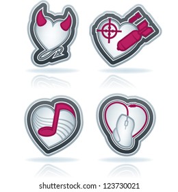Valentine time concept icons depicting different love issues, from left to right, top to bottom: Devil heart, Bomb heart, Music Note heart, Mouse (internet) heart.