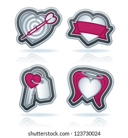 Valentine time concept icons depicting different love issues, from left to right, top to bottom: Dart heart, Ribbon heart, Key heart, Saint heart.